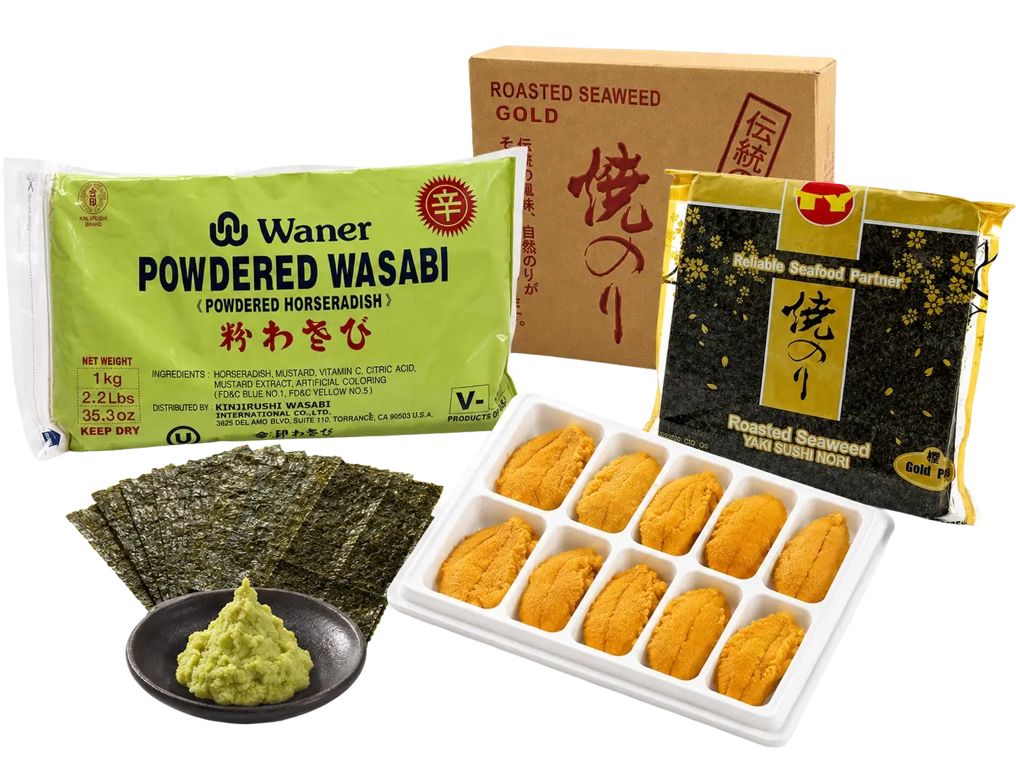 Japanese specialty ingredients including nori, wasabi, uni, and packaged restaurant products